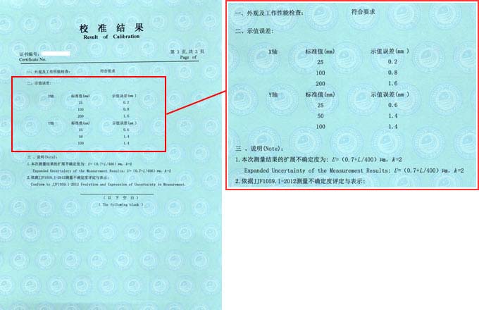 萬(wàn)能工具顯微鏡校準(zhǔn)證書結(jié)果頁(yè)圖片